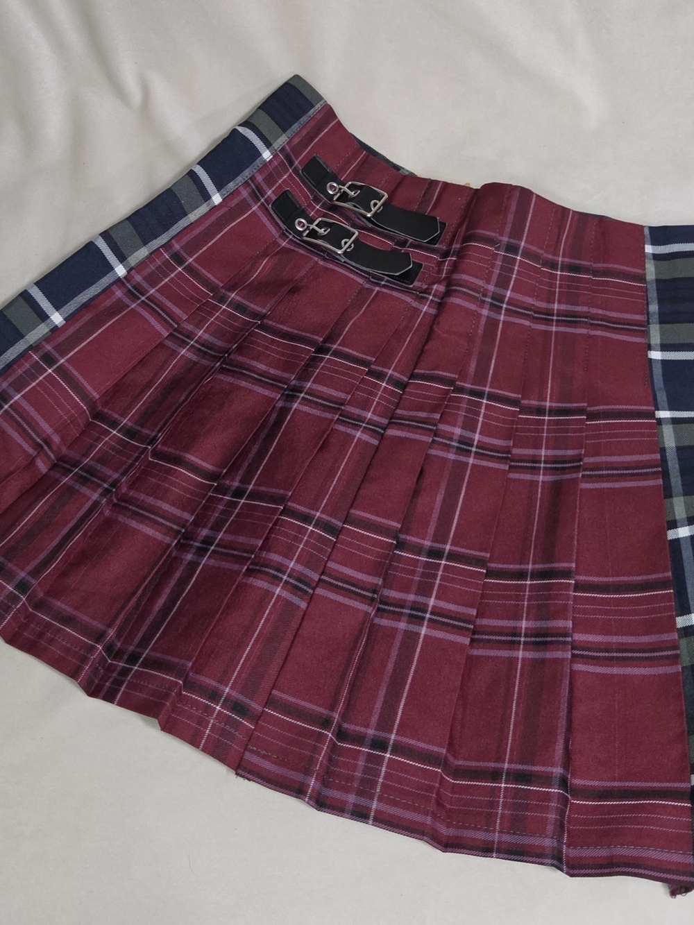 Plaid Pleated Mini Skirt with Buckle Detail - Burgundy - Picture 1 of 3